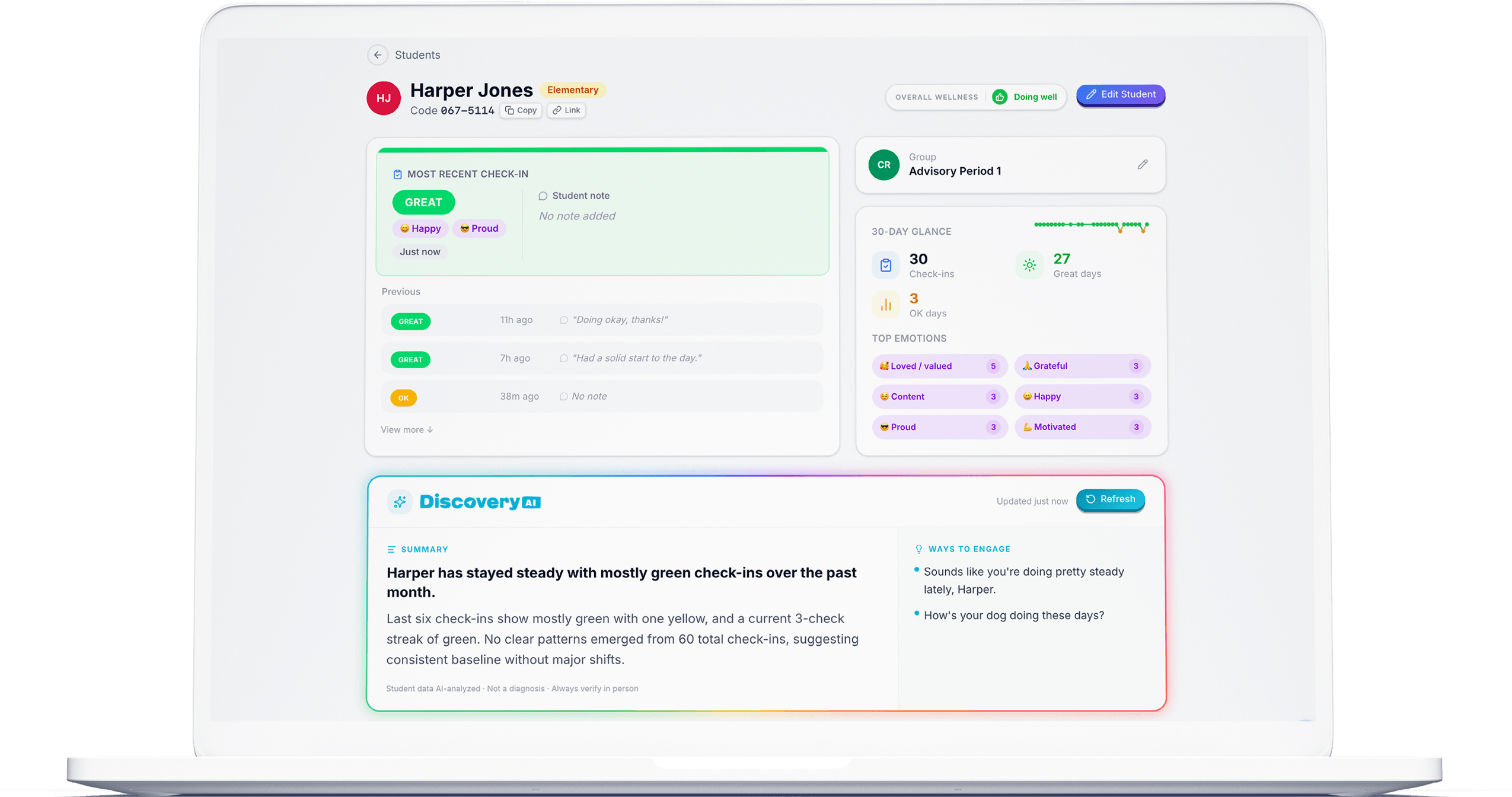 Discovery App leader dashboard showing student check-in statuses
