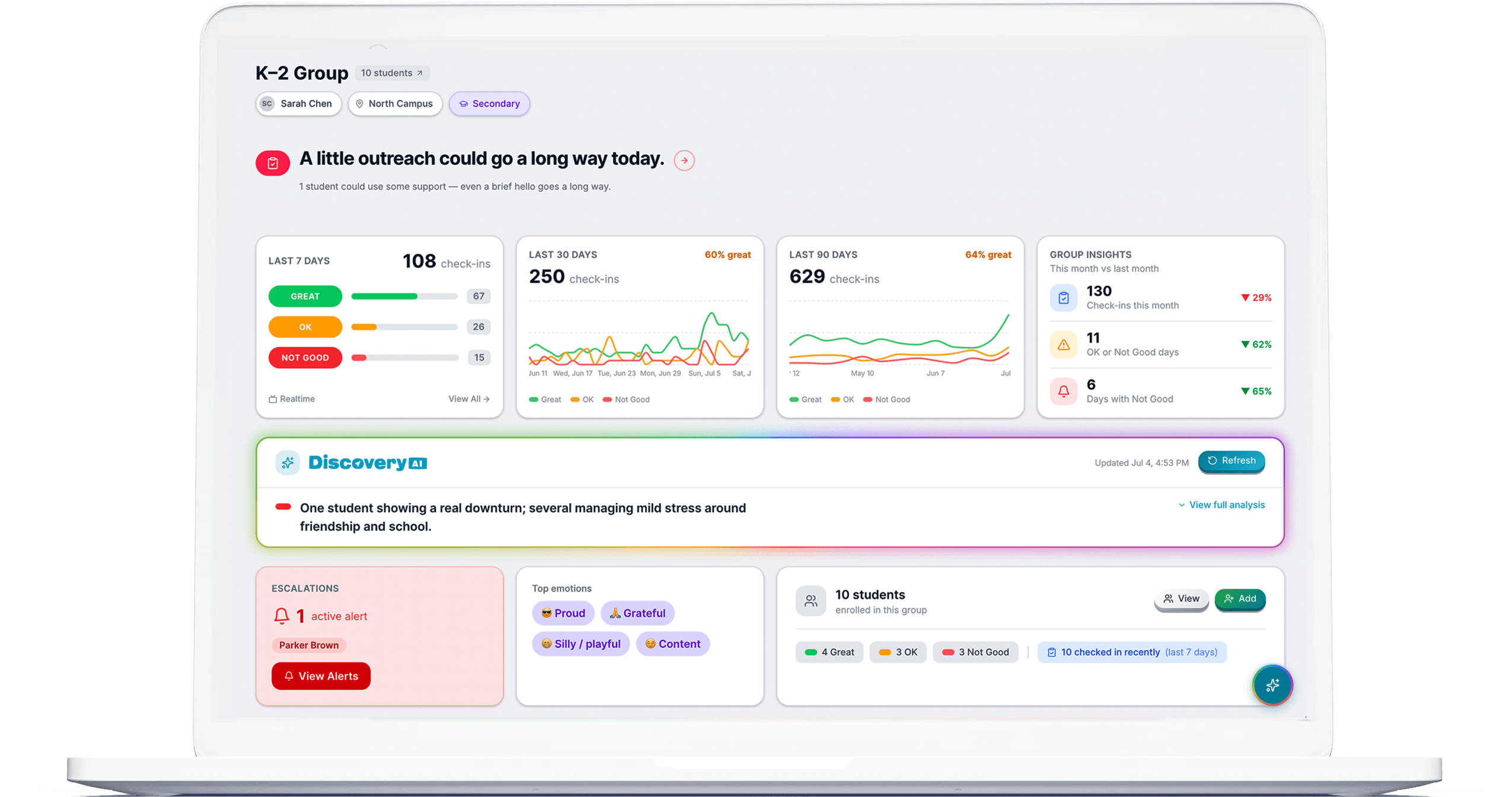Discovery App leader dashboard showing student check-in statuses