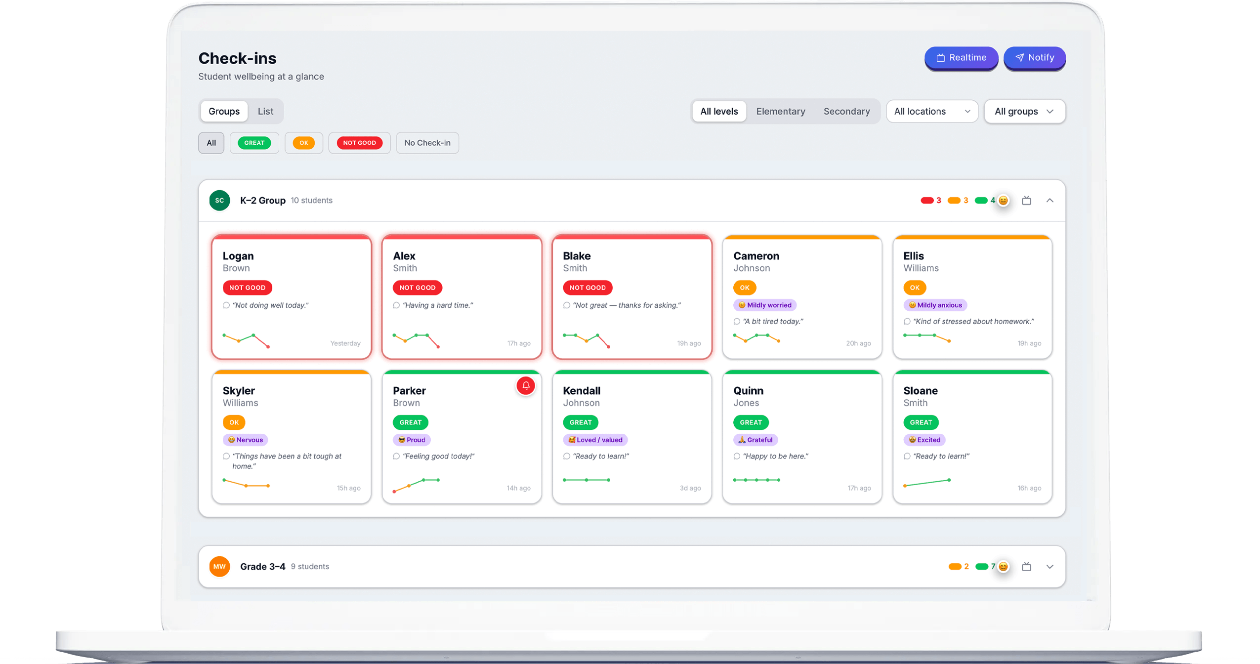 Discovery App leader dashboard showing student check-in statuses